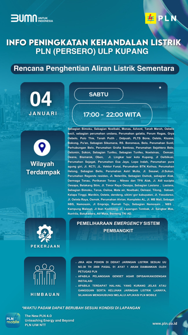 PLN Kupang Lakukan Pemadaman Listrik Hingga Pukul 22.00 WITA
