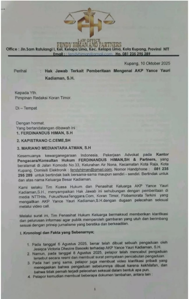 Kuasa Hukum Klarifikasi 4 Media Pemberitaan Dugaan Pelecehan Seksual yang Kaitkan AKP Yance Kadiaman