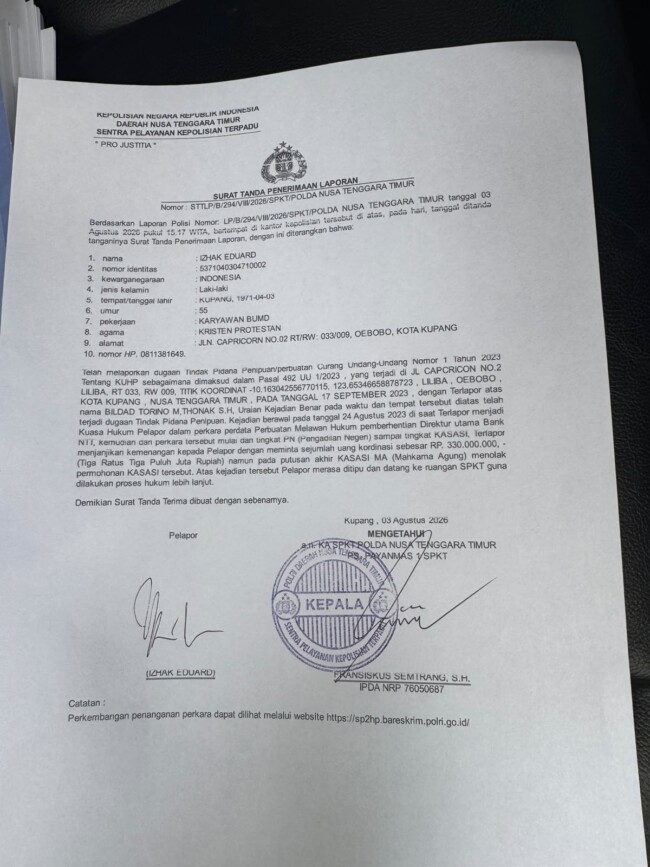 Diduga Tipu Klien Ratusan Juta Rupiah, Oknum Advokat Dilaporkan ke Polda NTT