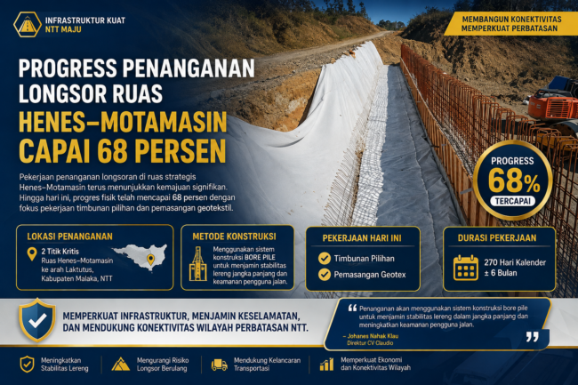 Progress Penanganan Longsor Ruas Henes–Motamasin Capai 68 Persen,